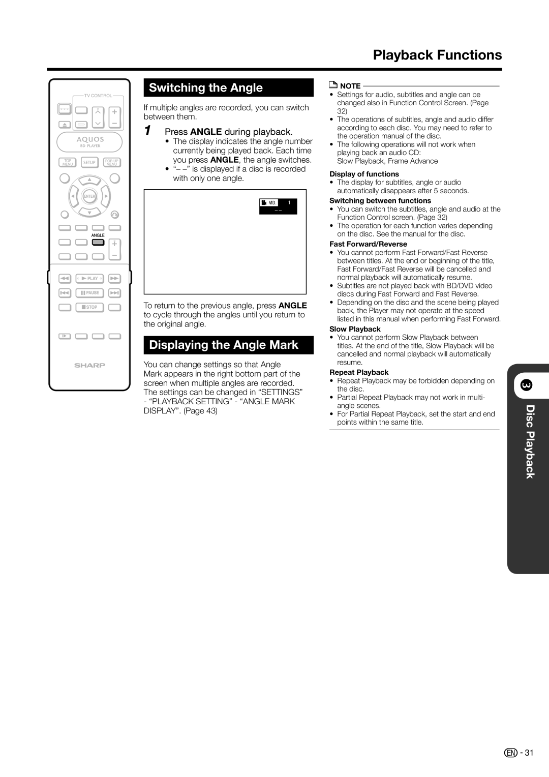 Sharp BD-HP20H operation manual Switching the Angle, Displaying the Angle Mark, Press Angle during playback 