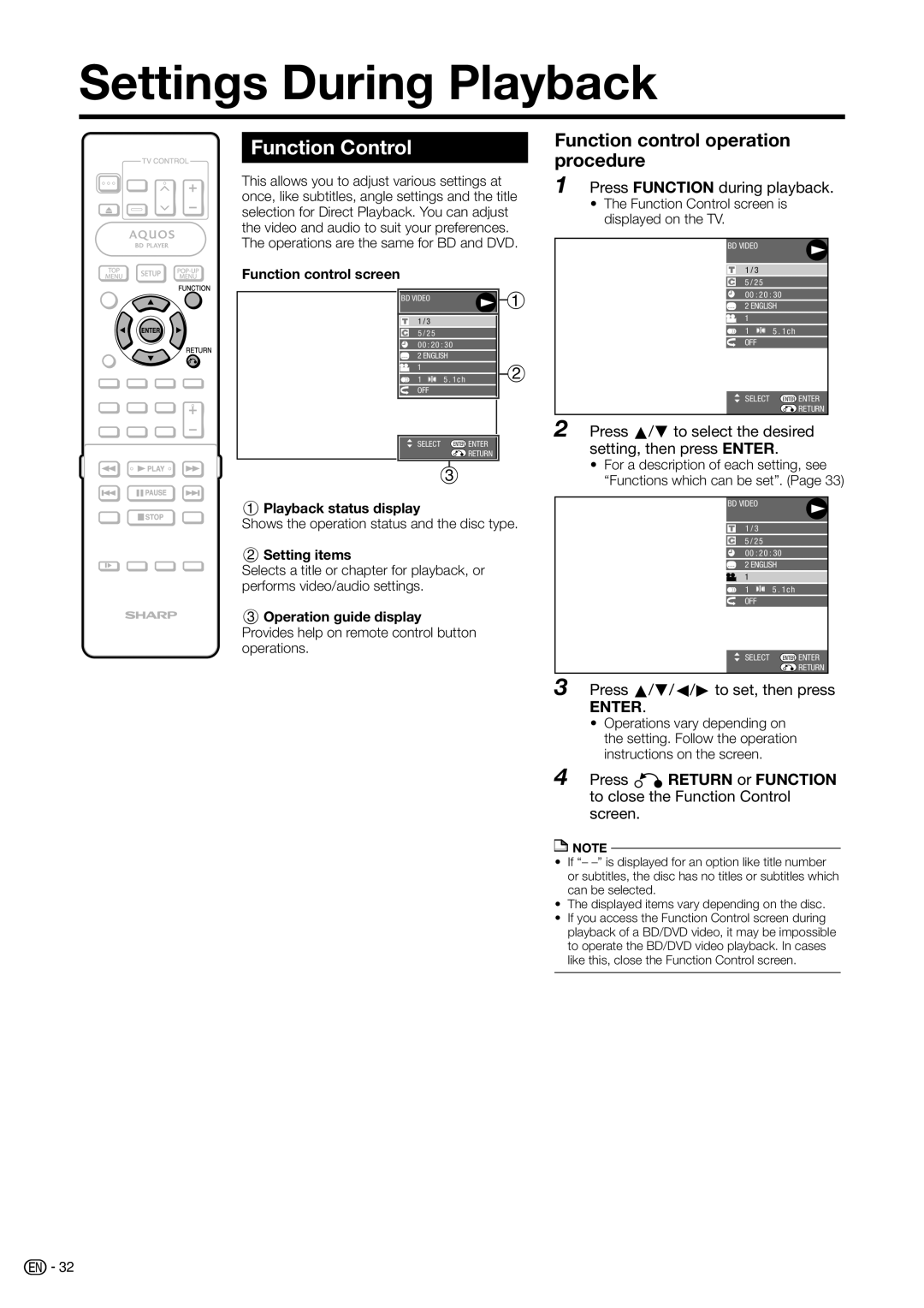 Sharp BD-HP20H operation manual Settings During Playback, Function Control, Function control operation procedure 