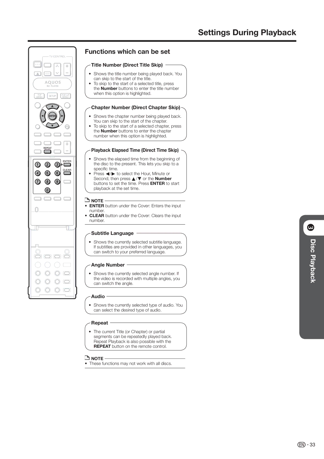 Sharp BD-HP20H operation manual Settings During Playback, Functions which can be set 