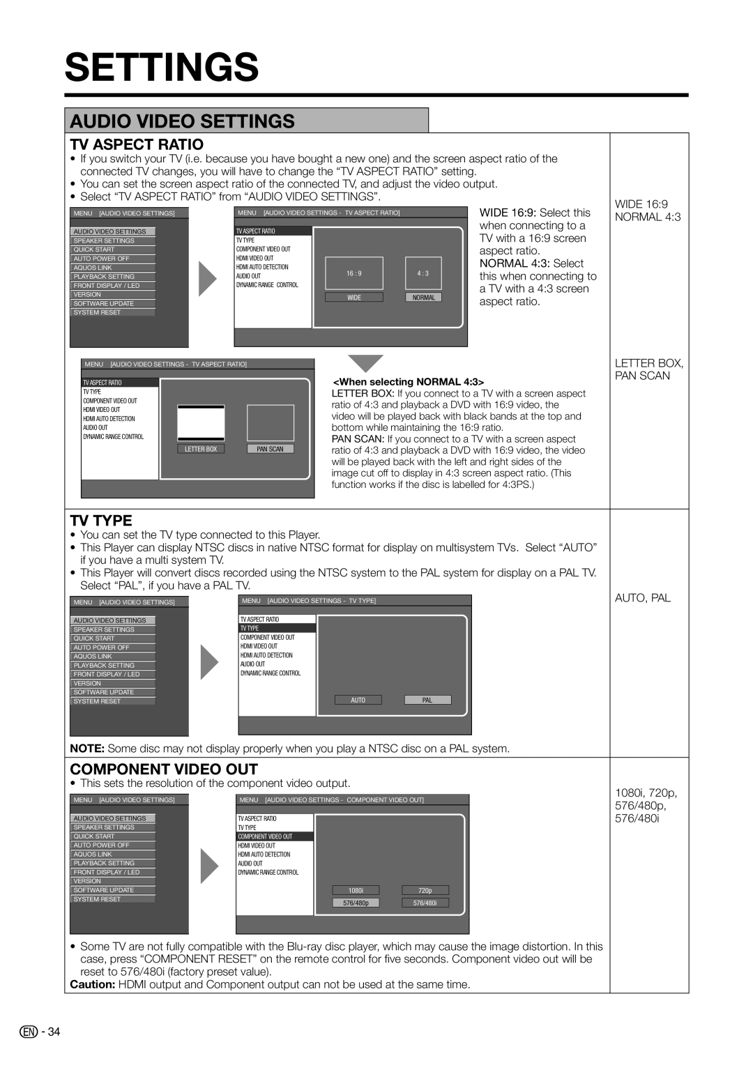 Sharp BD-HP20H operation manual TV Type, Component Video OUT, This sets the resolution of the component video output 