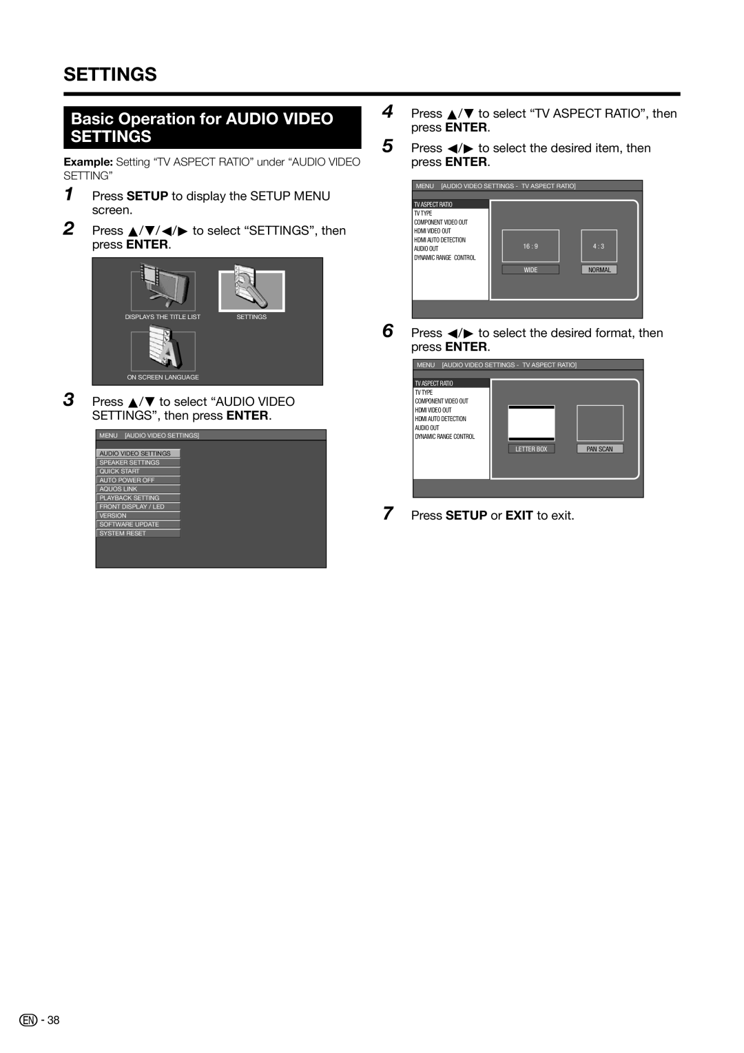 Sharp BD-HP20H Basic Operation for Audio Video Settings, Press a/b to select Audio Video SETTINGS, then press Enter 