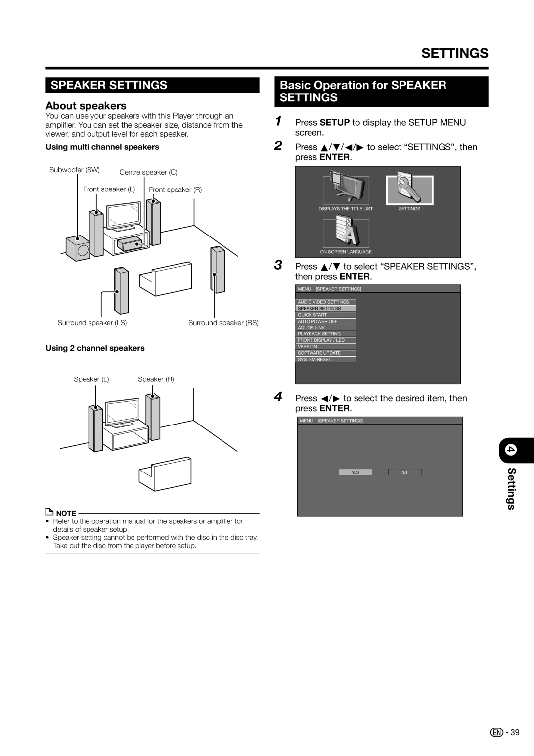 Sharp BD-HP20H operation manual Basic Operation for Speaker Settings, About speakers, Using multi channel speakers 