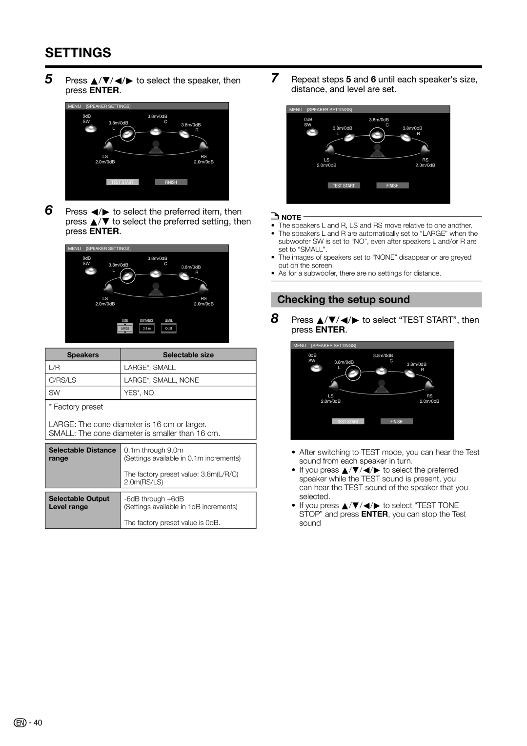 Sharp BD-HP20H operation manual Checking the setup sound, Press a/b/c/d to select the speaker, then press Enter 