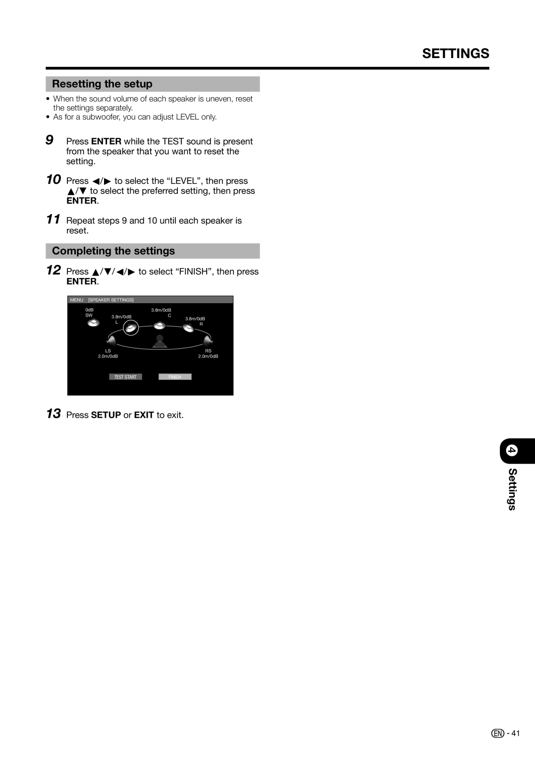 Sharp BD-HP20H Resetting the setup, Completing the settings, Repeat steps 9 and 10 until each speaker is reset 