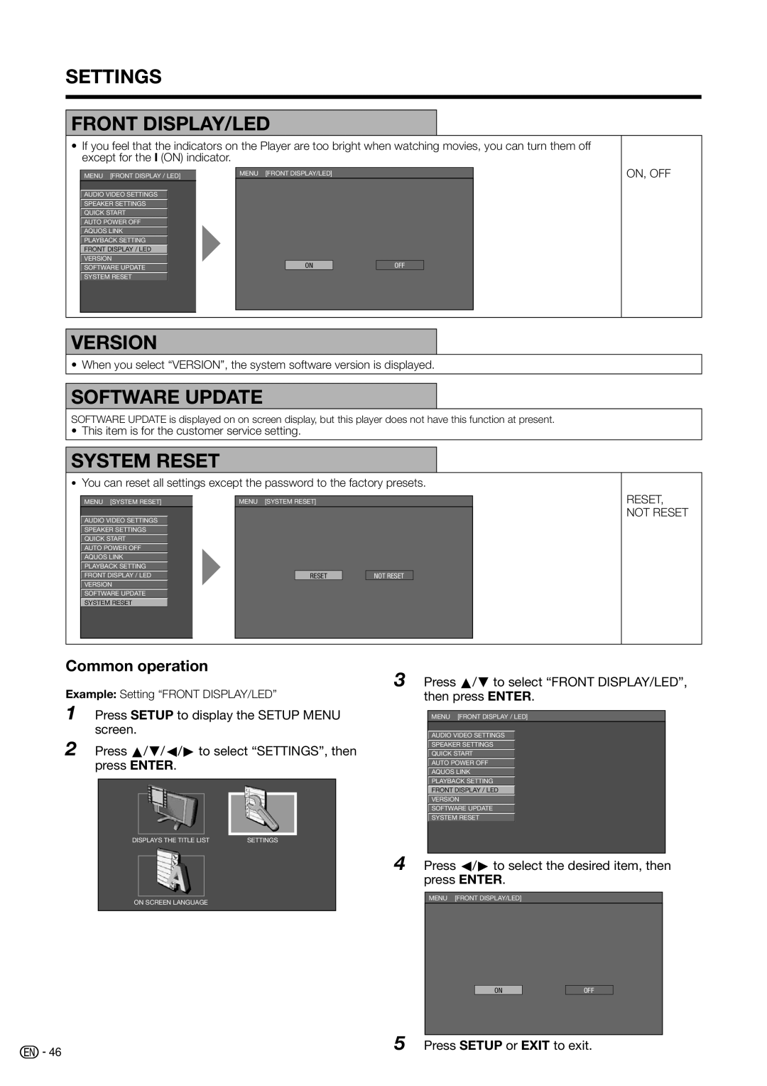 Sharp BD-HP20H Common operation, This item is for the customer service setting, Example Setting Front DISPLAY/LED 