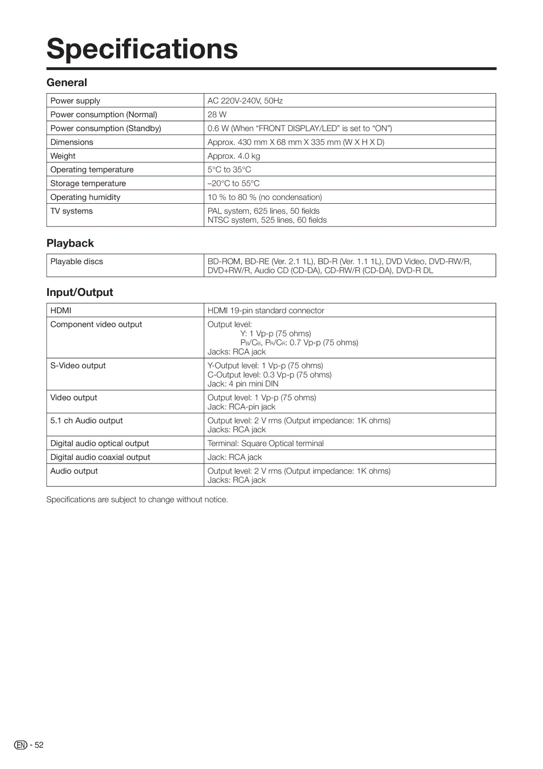 Sharp BD-HP20H operation manual Speciﬁcations, General, Playback, Input/Output 