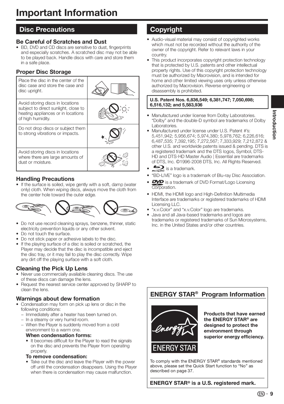 Sharp BD-HP210U operation manual Important Information, Disc Precautions, Copyright, Energy Star Program Information 