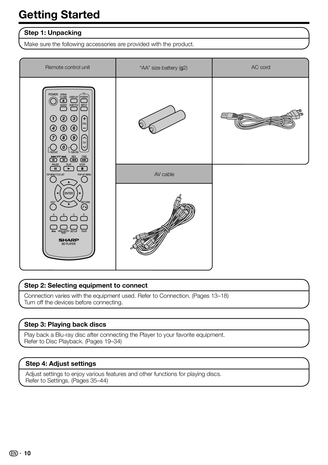 Sharp BD-HP210U Getting Started, Unpacking, Selecting equipment to connect, Playing back discs, Adjust settings 