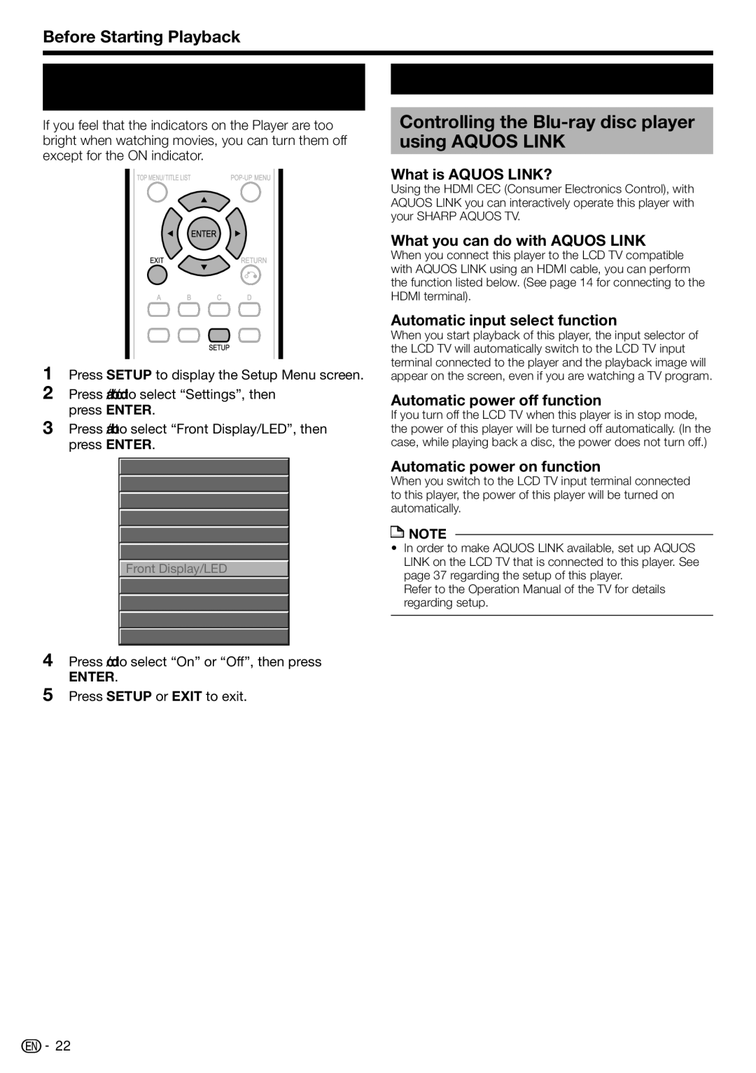 Sharp BD-HP210U operation manual Turning Off the LCD Backlight and Indications, Using Aquos Link 