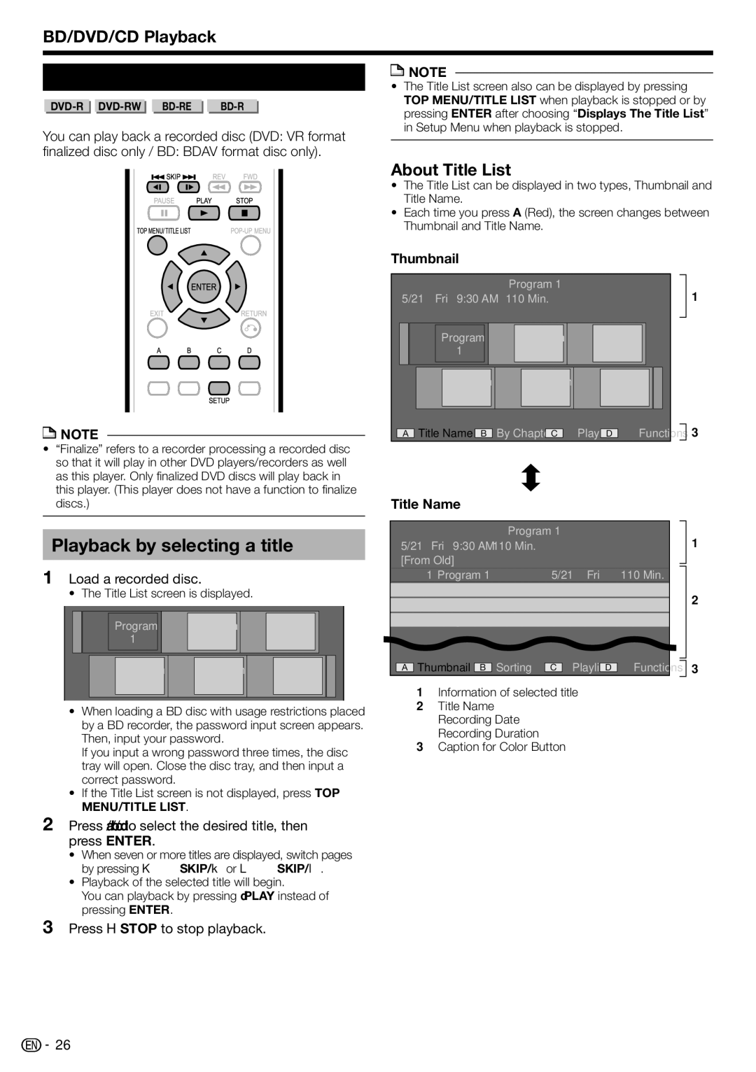 Sharp BD-HP210U DVD-R/-RW/BD-RE/-R Playback, Playback by selecting a title, About Title List, Thumbnail, Title Name 