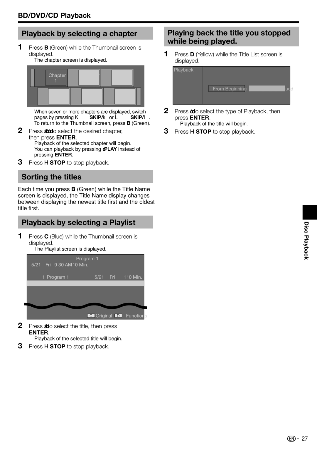 Sharp BD-HP210U Sorting the titles Playback by selecting a Playlist, Playing back the title you stopped while being played 