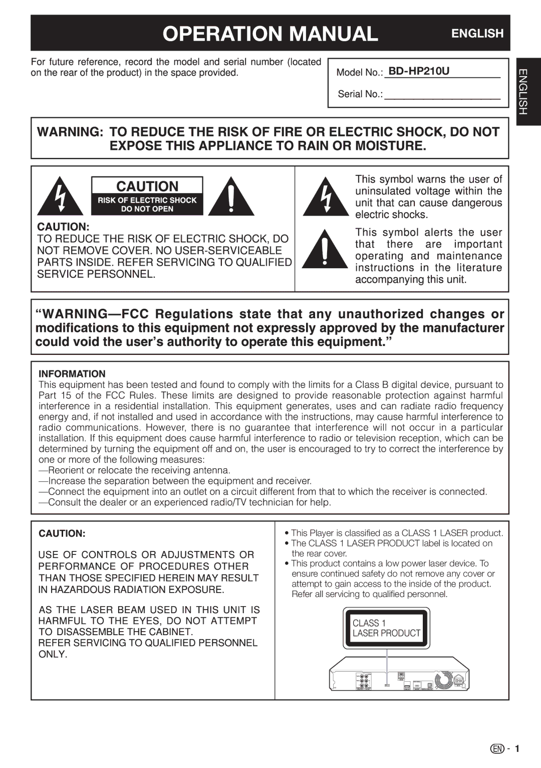 Sharp BD-HP210U operation manual English 