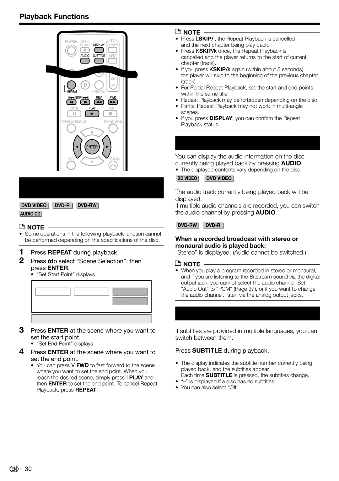 Sharp BD-HP210U Partial Repeat Playback Repeat Playback of a Specified Part, Displaying the Audio Information 