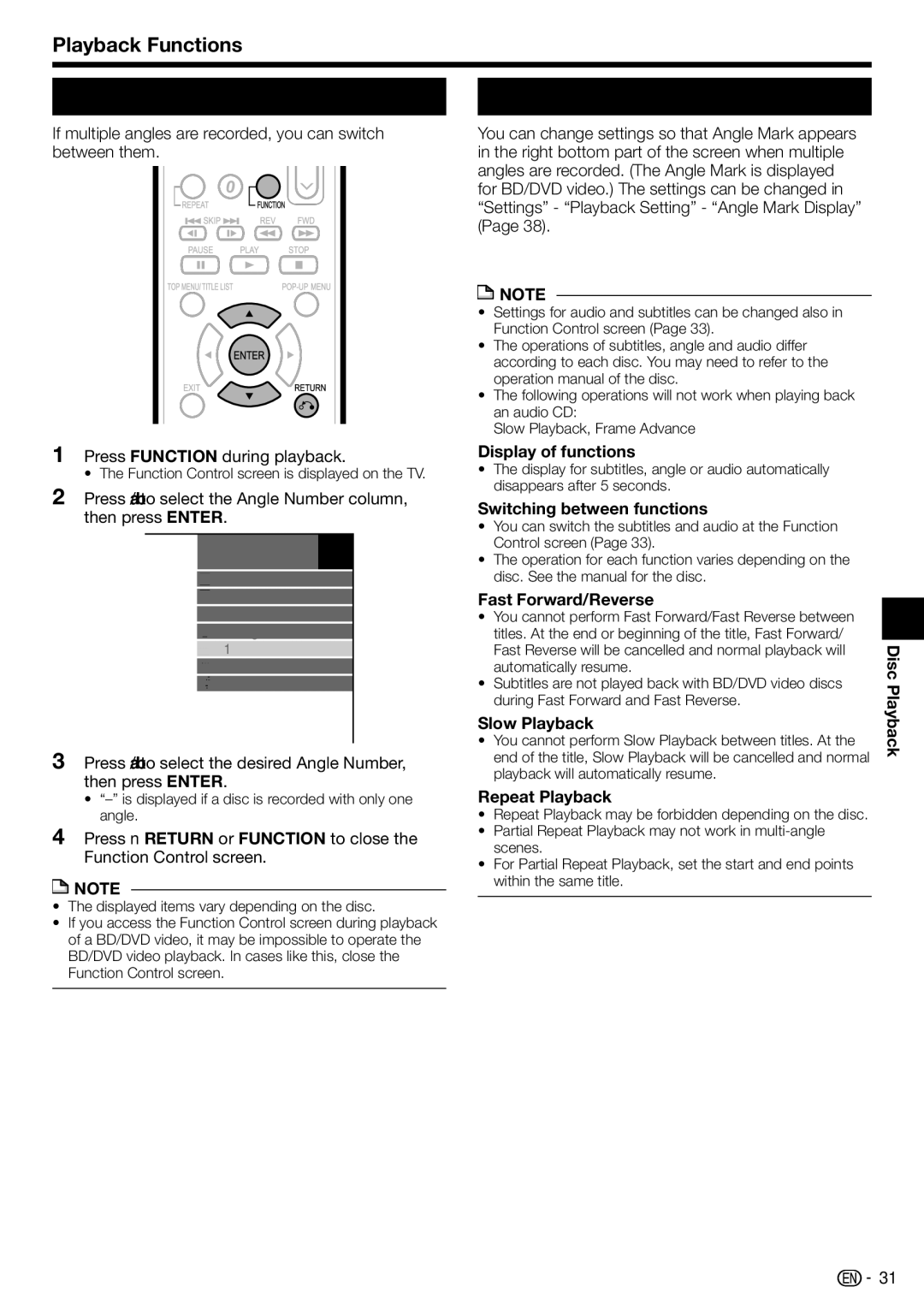 Sharp BD-HP210U operation manual Switching the Angle, Displaying the Angle Mark 