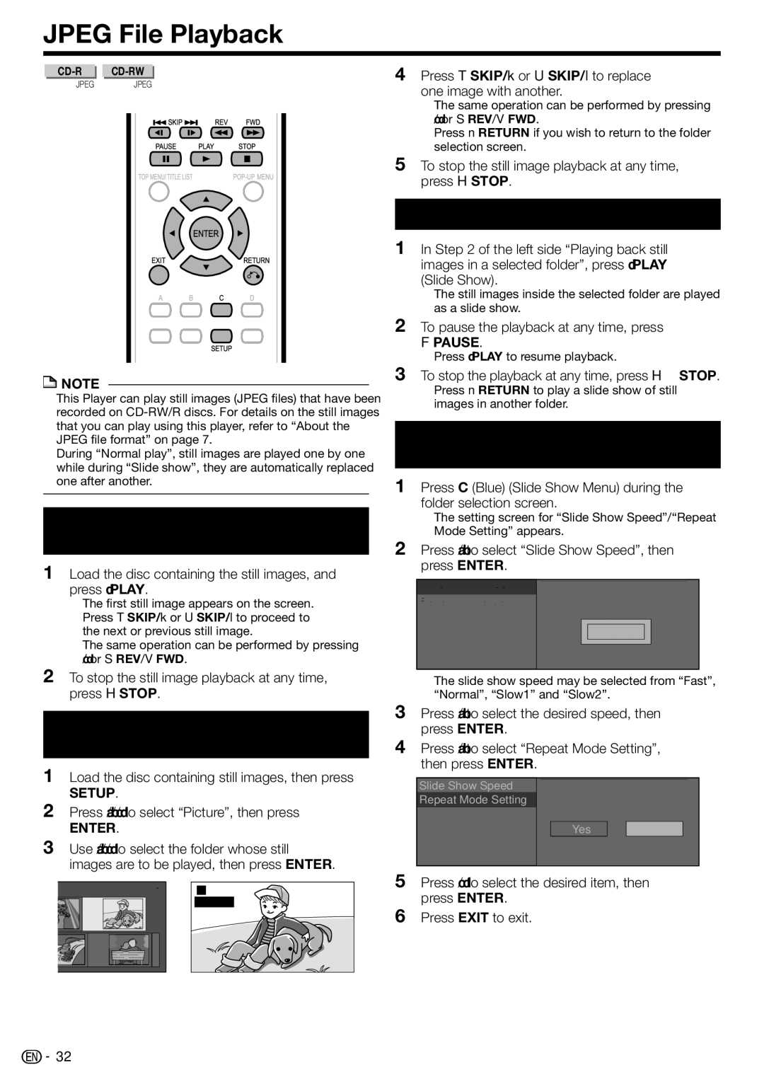 Sharp BD-HP210U Jpeg File Playback, Playing back still images in sequence, Playing back still images in a selected folder 