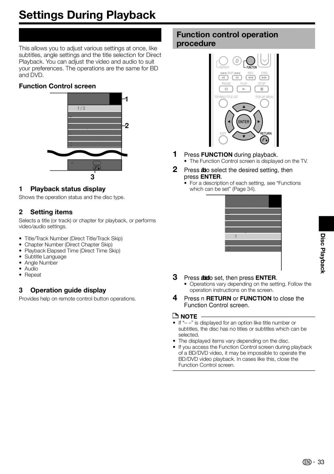 Sharp BD-HP210U operation manual Settings During Playback, Function Control, Function control operation procedure 