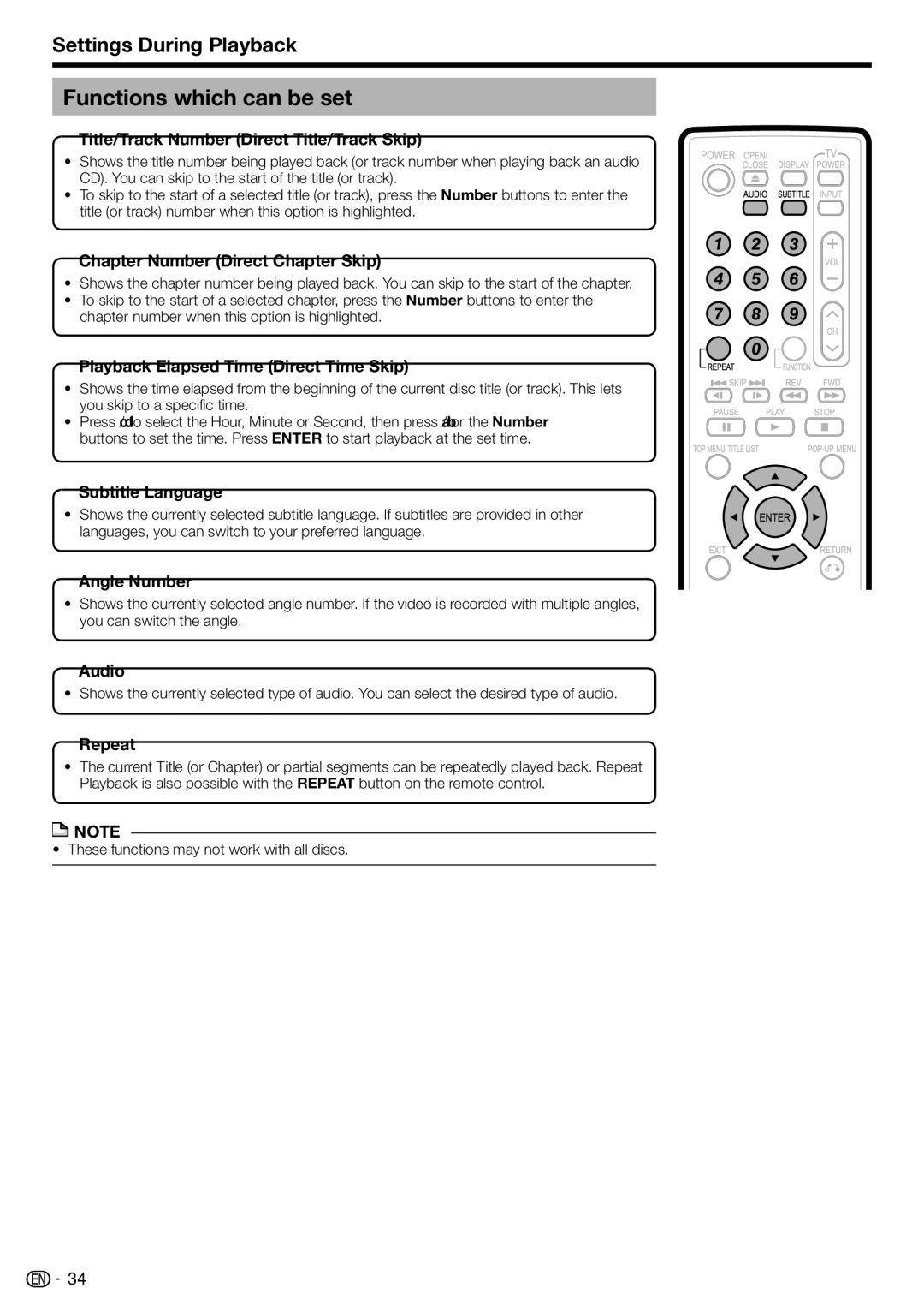 Sharp BD-HP210U operation manual Functions which can be set, Settings During Playback 