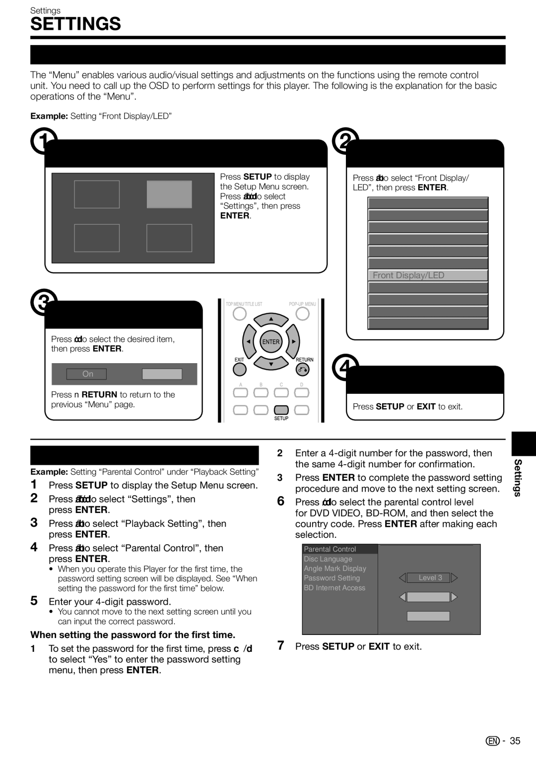 Sharp BD-HP210U Common operations, Basic Operation for Playback Setting, Enter your 4-digit password, Settings 