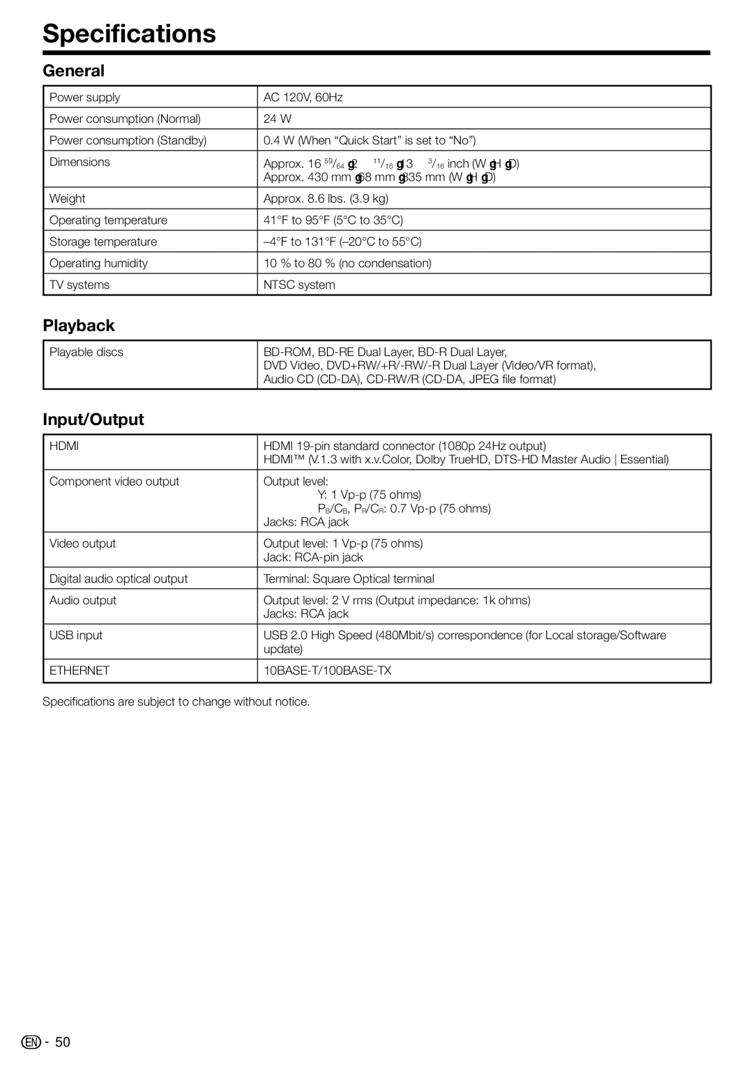 Sharp BD-HP210U operation manual Specifications, General, Playback, Input/Output 