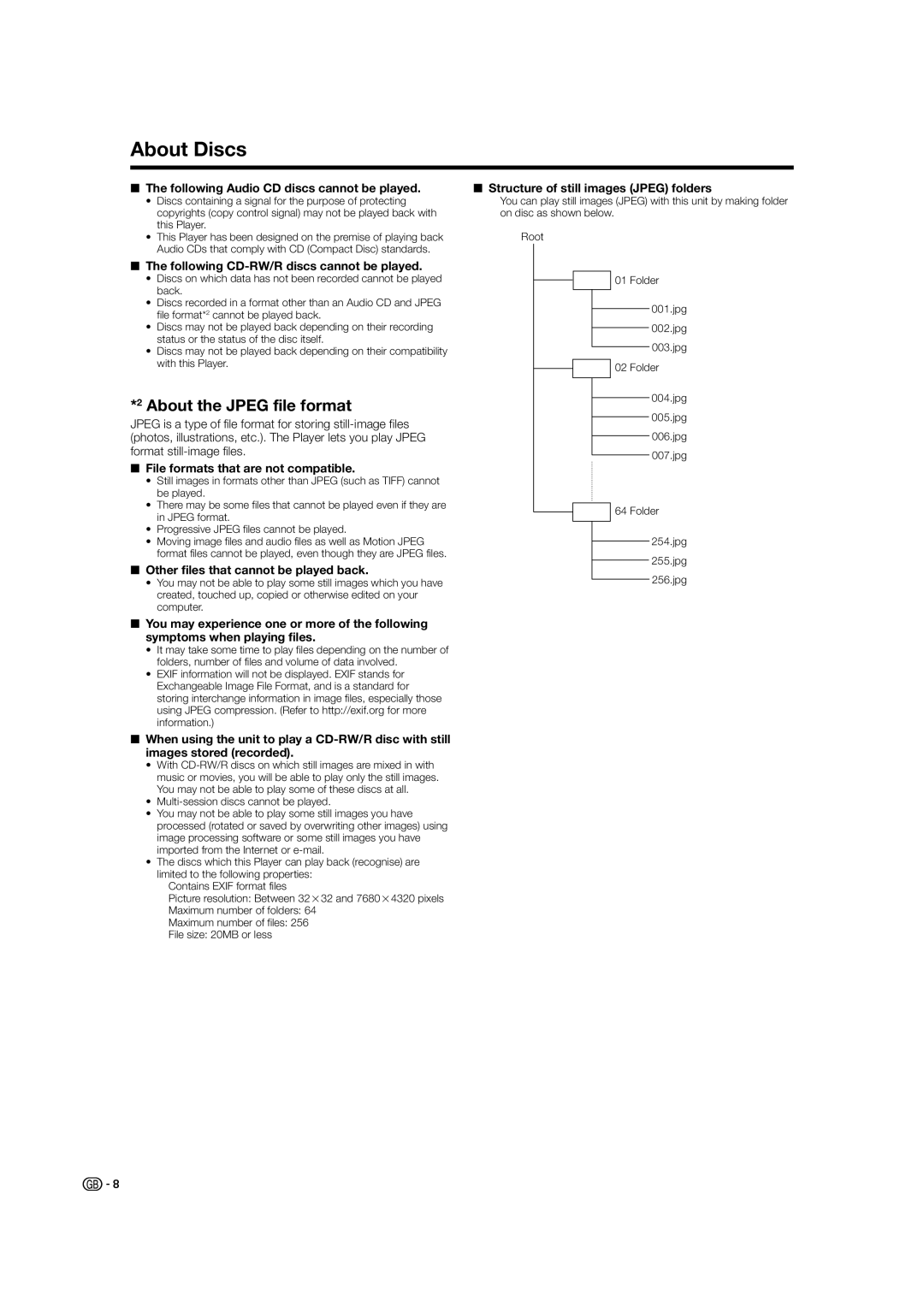 Sharp BD-HP21H operation manual About Discs, About the Jpeg file format 