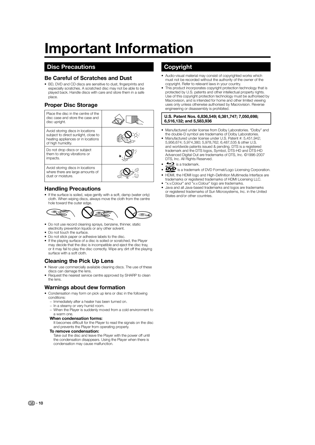 Sharp BD-HP21H operation manual Important Information, Disc Precautions, Copyright 