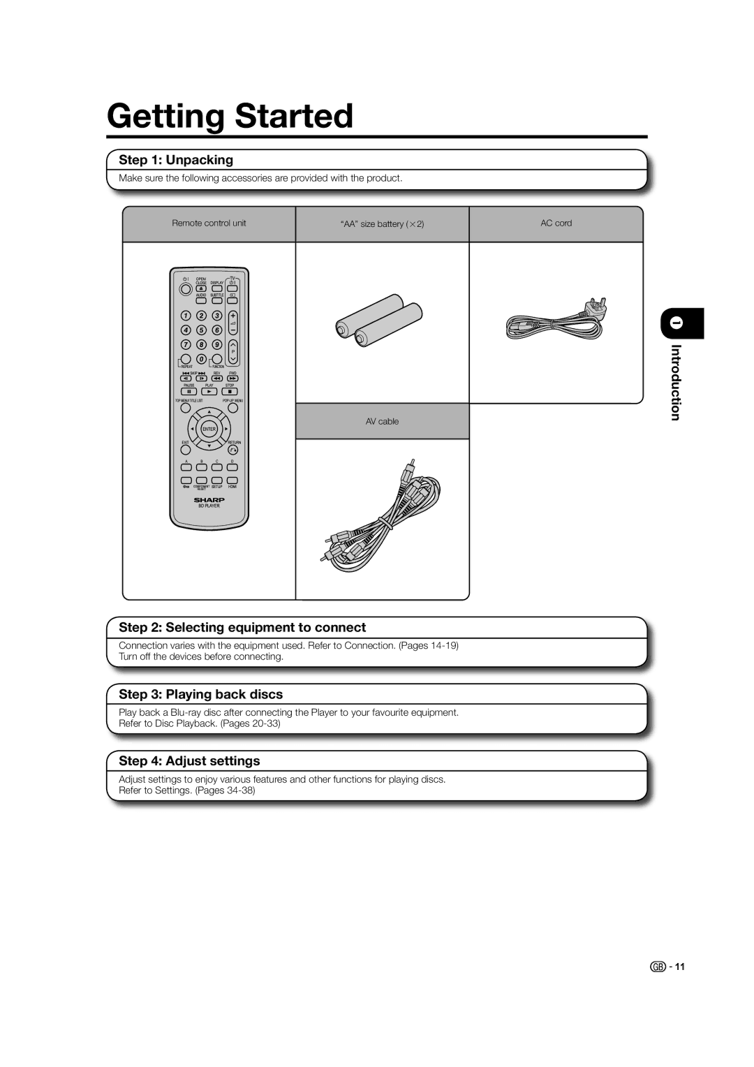 Sharp BD-HP21H operation manual Getting Started, Unpacking, Introduction Selecting equipment to connect, Playing back discs 