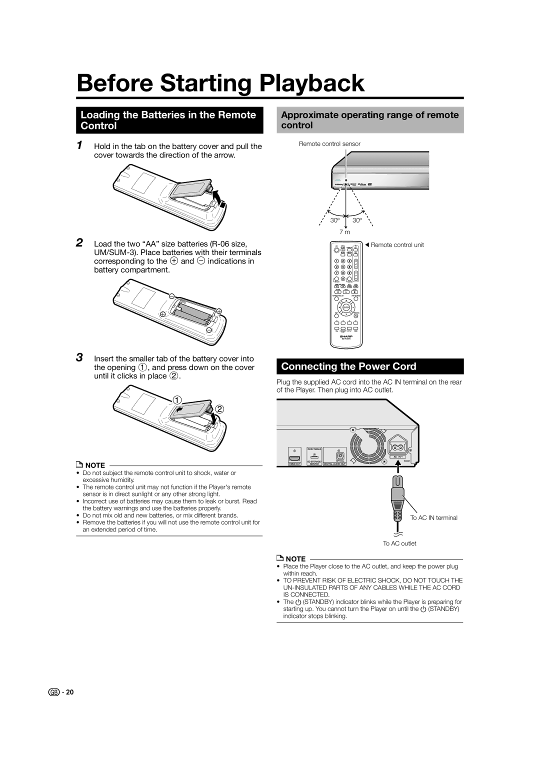 Sharp BD-HP21H Before Starting Playback, Loading the Batteries in the Remote Control, Connecting the Power Cord 