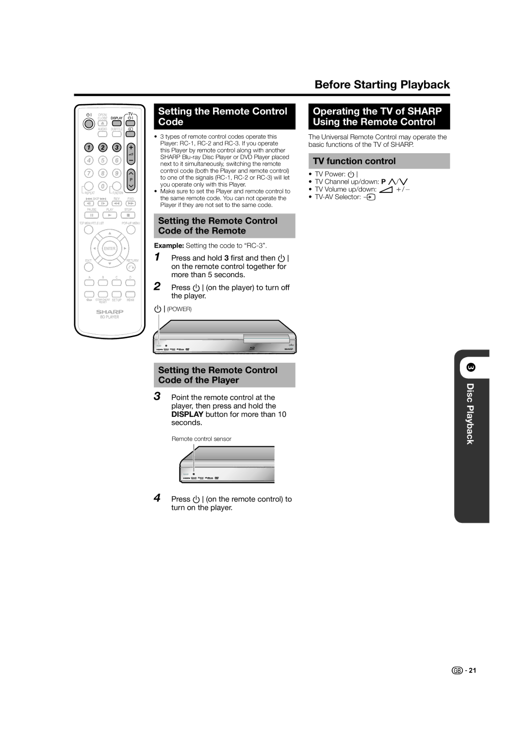 Sharp BD-HP21H operation manual Before Starting Playback, Setting the Remote Control Code, TV function control 