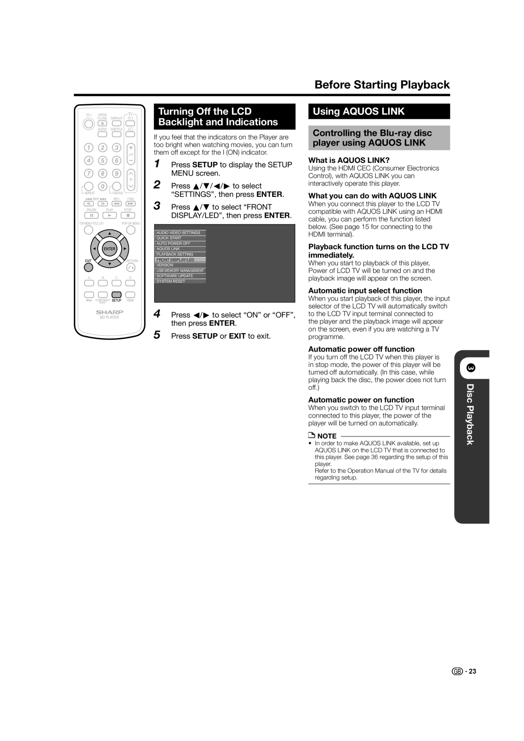 Sharp BD-HP21H operation manual Controlling the Blu-ray disc, Player using Aquos Link 