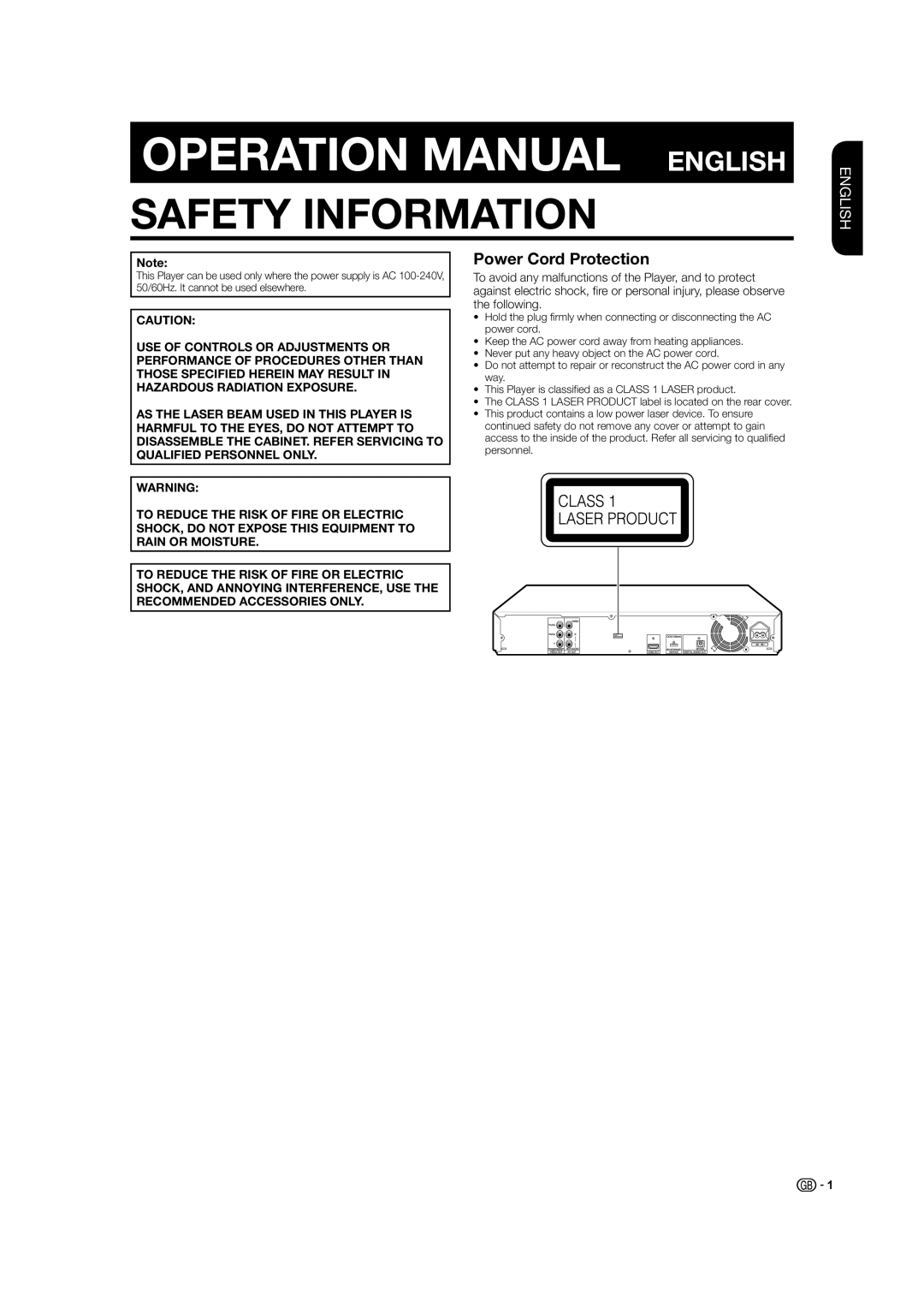 Sharp BD-HP21H operation manual Safety Information, Power Cord Protection 