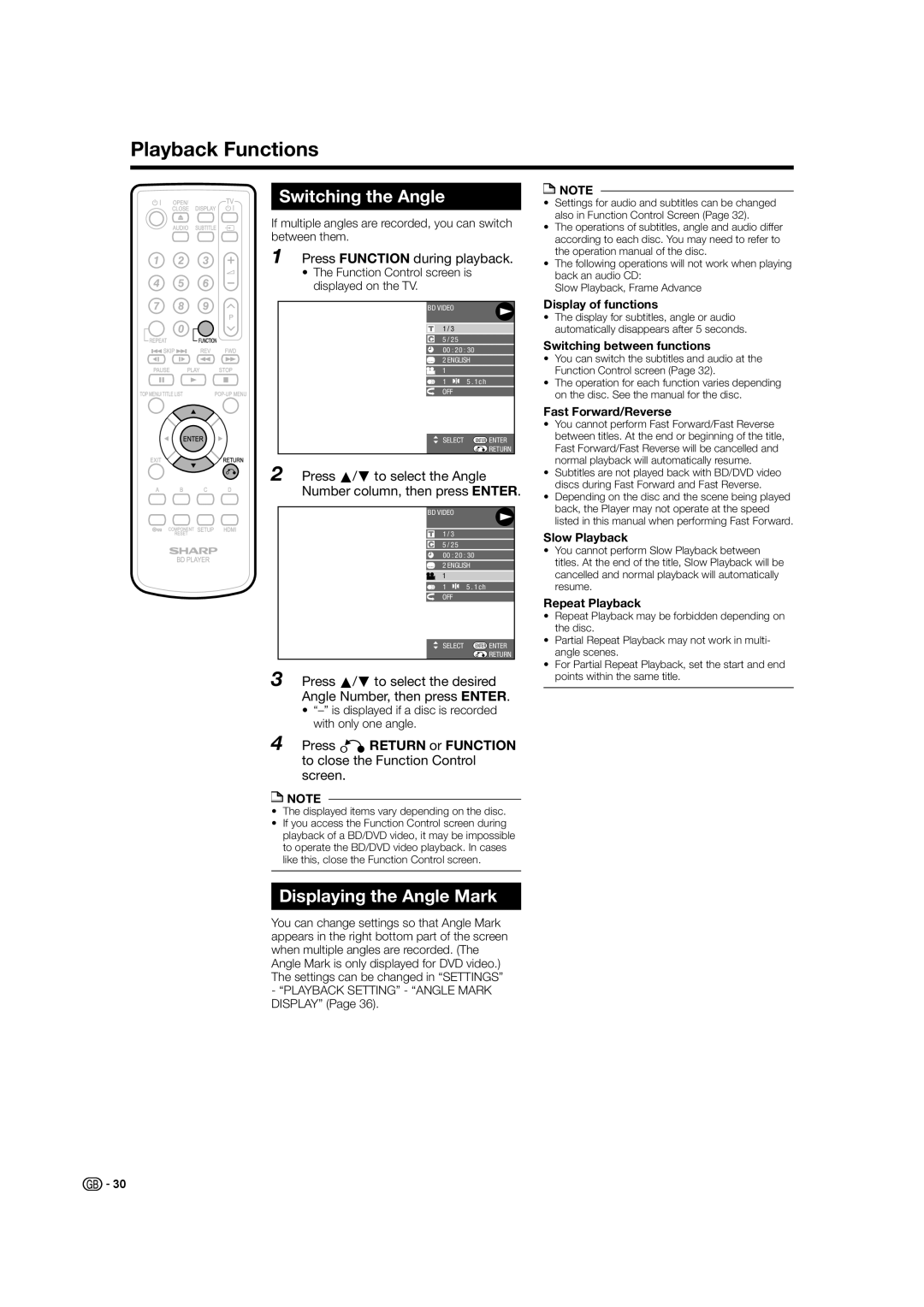 Sharp BD-HP21H operation manual Switching the Angle, Displaying the Angle Mark, Press Function during playback 