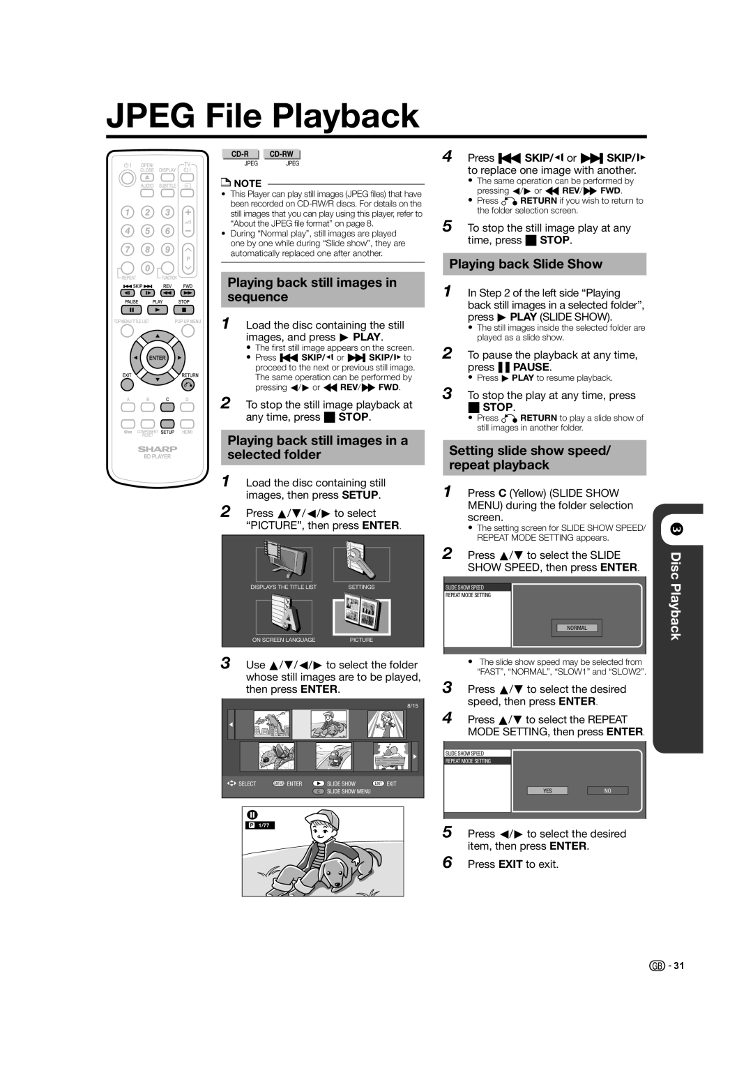 Sharp BD-HP21H Jpeg File Playback, Playing back still images in sequence, Playing back still images in a selected folder 