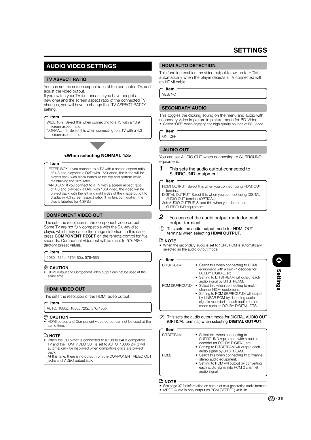 Sharp BD-HP21H operation manual Settings, When selecting Normal, This sets the audio output connected to Surround equipment 