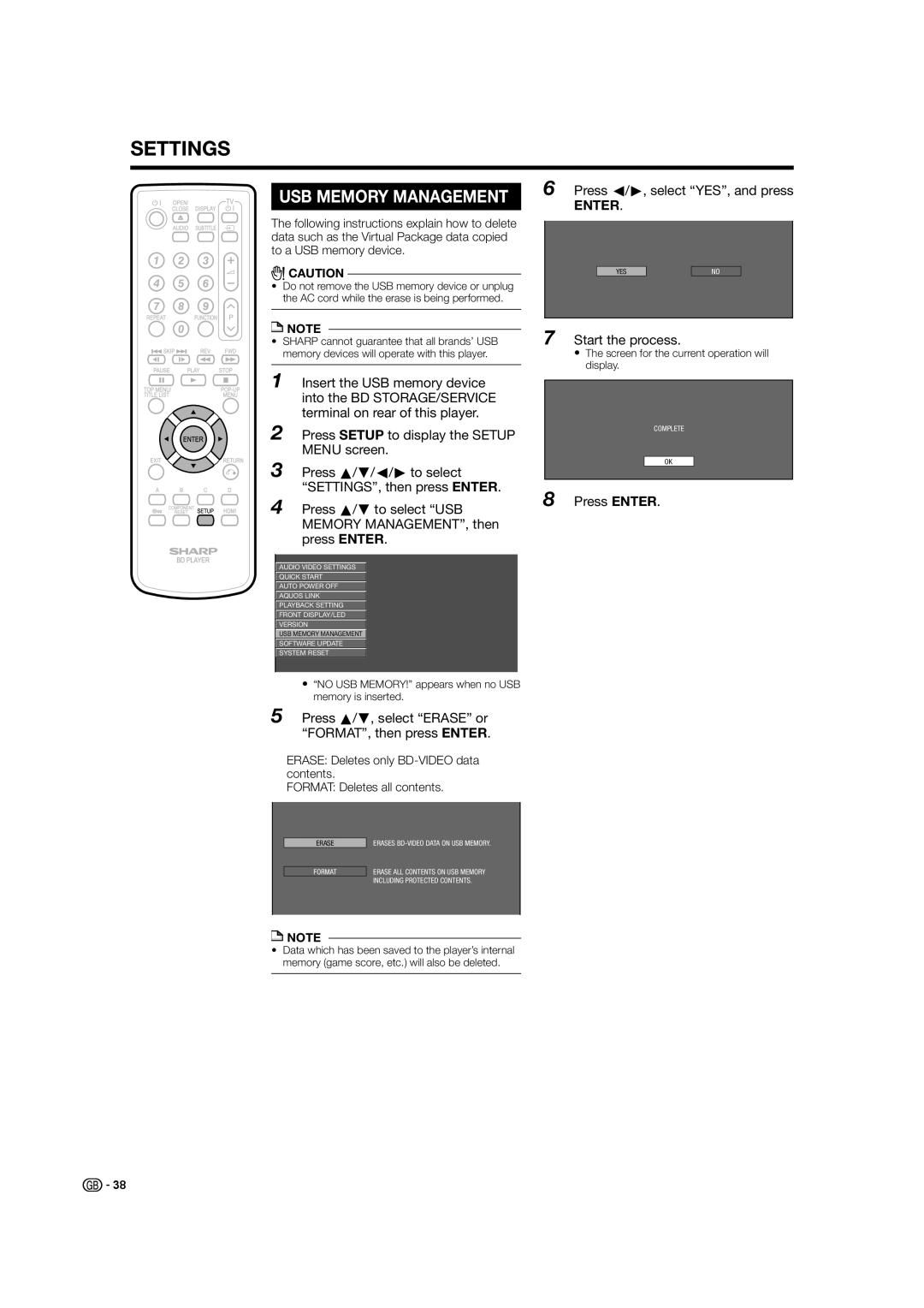 Sharp BD-HP21H Press c/ d, select YES, and press, Press a/b, select Erase or FORMAT, then press Enter, Start the process 