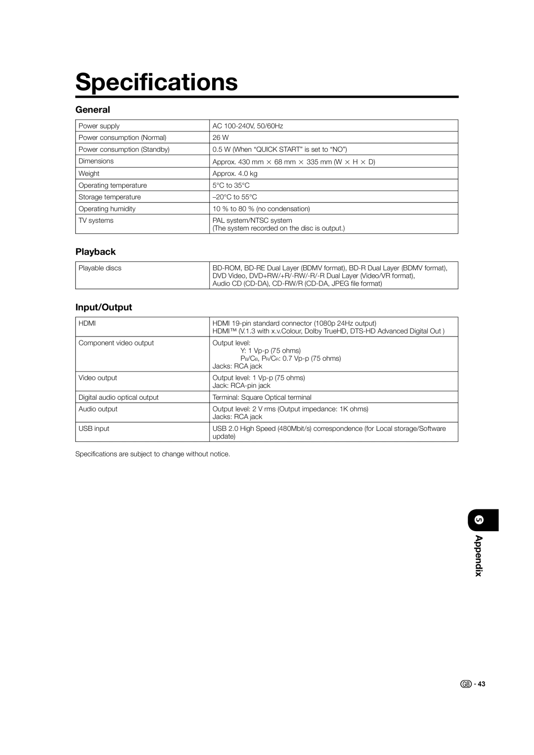 Sharp BD-HP21H Specifications, General, Playback, Input/Output, Hdmi 19-pin standard connector 1080p 24Hz output 