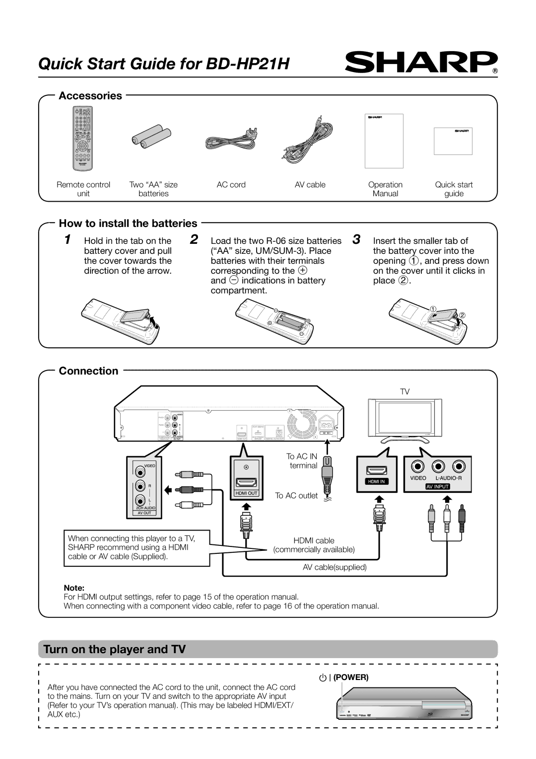 Sharp BD-HP21H quick start Turn on the player and TV, Accessories, How to install the batteries, Connection 