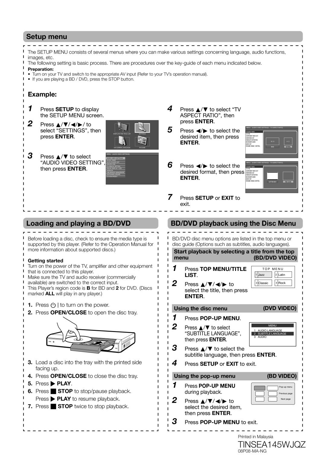 Sharp BD-HP21H quick start Setup menu, Loading and playing a BD/DVD, BD/DVD playback using the Disc Menu, Example 