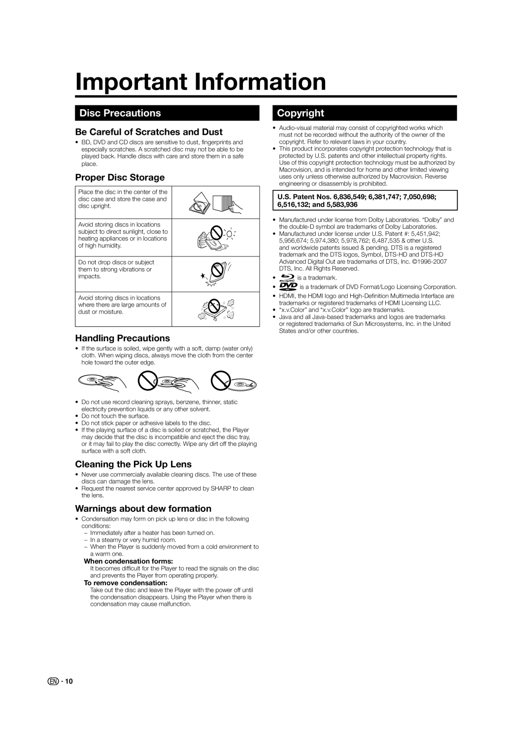 Sharp BD-HP21U operation manual Important Information, Disc Precautions, Copyright 