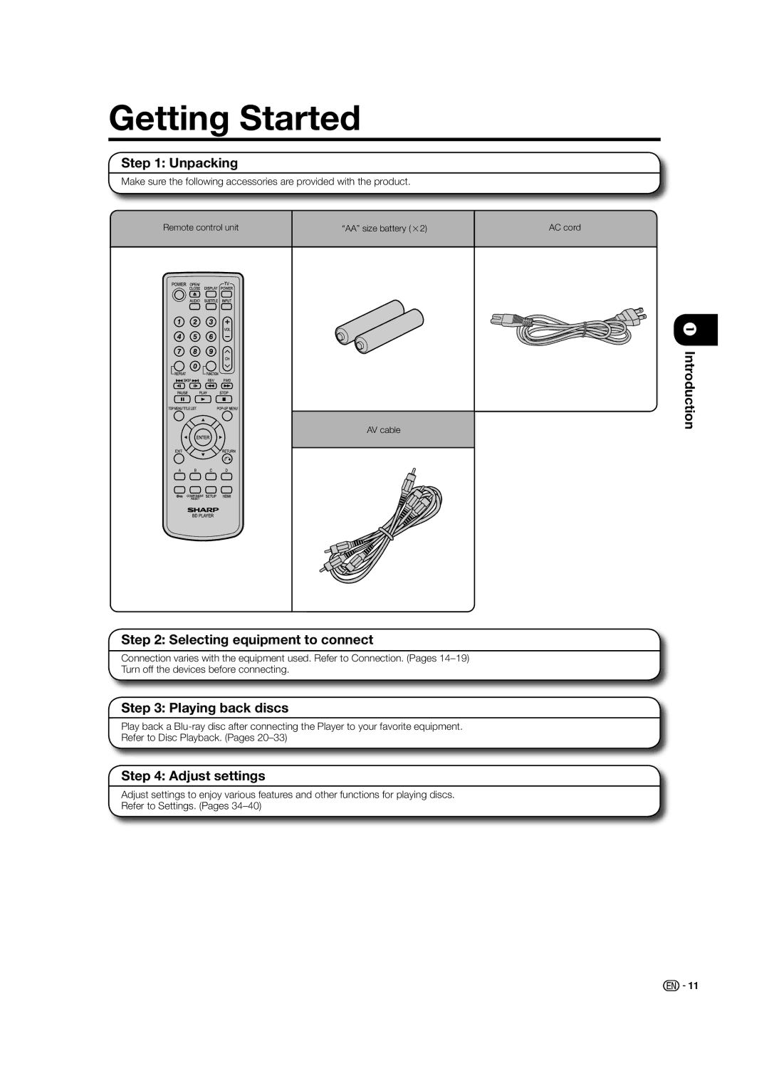 Sharp BD-HP21U Getting Started, Unpacking, Selecting equipment to connect, Playing back discs, Adjust settings 
