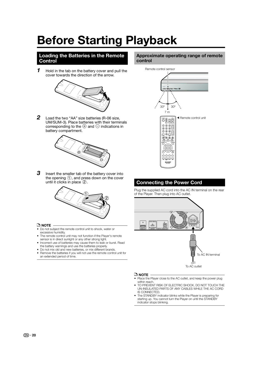 Sharp BD-HP21U Before Starting Playback, Loading the Batteries in the Remote Control, Connecting the Power Cord 