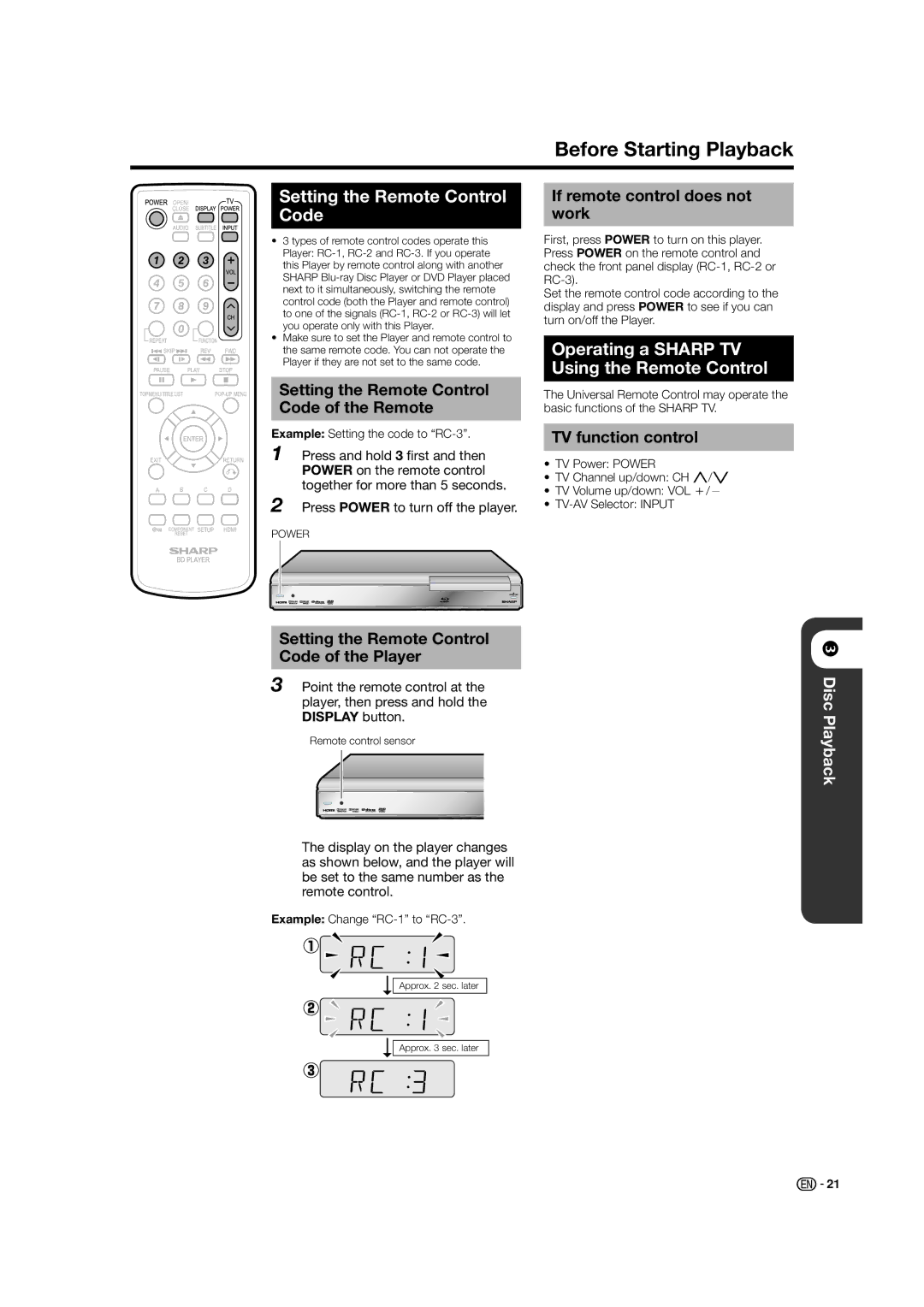 Sharp BD-HP21U Before Starting Playback, Setting the Remote Control Code, Operating a Sharp TV Using the Remote Control 