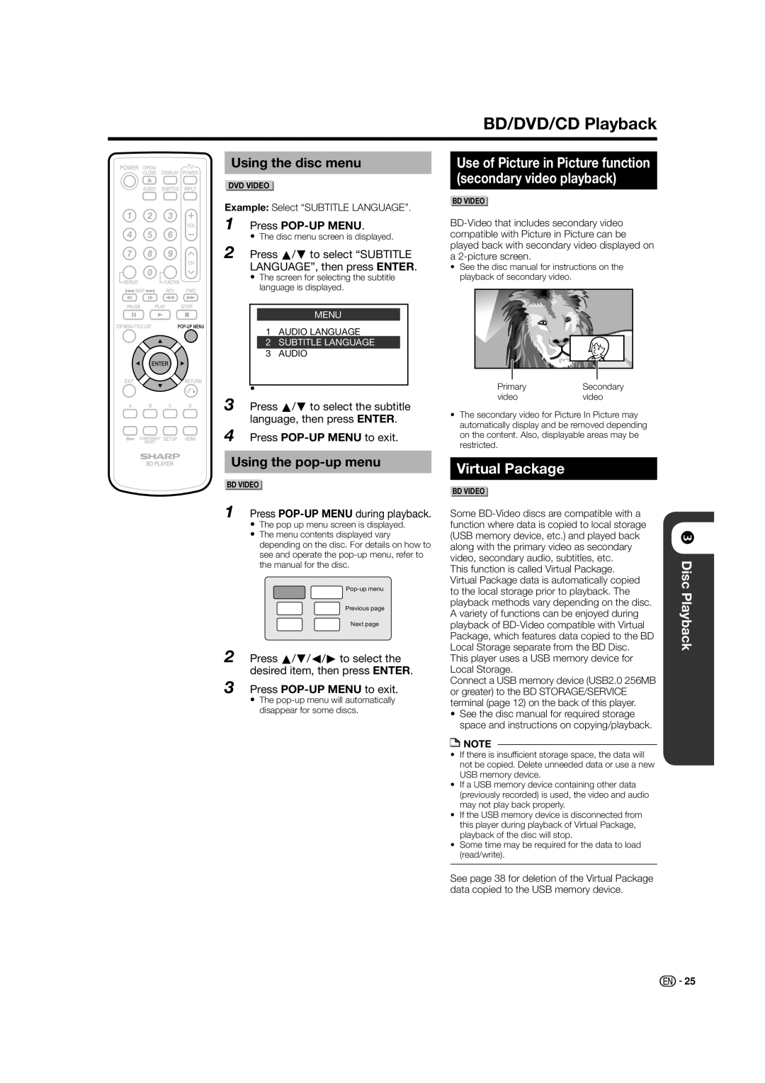 Sharp BD-HP21U BD/DVD/CD Playback, Virtual Package, Using the disc menu, Using the pop-up menu, Press POP-UP Menu 