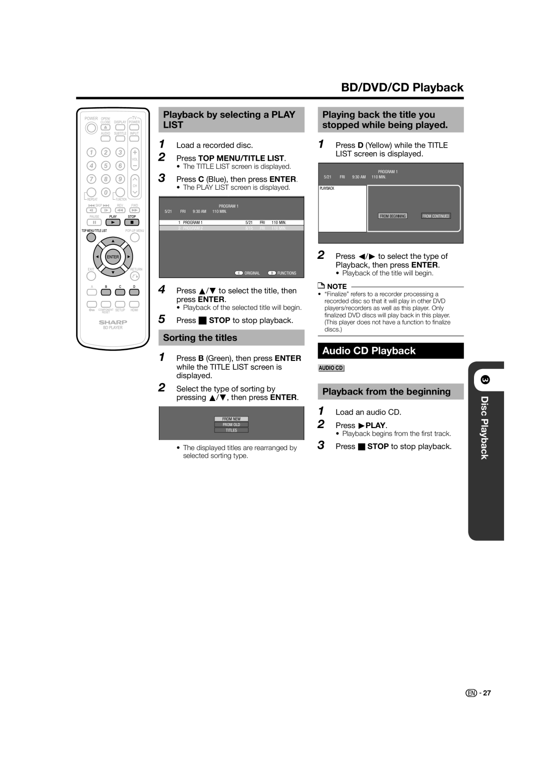 Sharp BD-HP21U operation manual Audio CD Playback, Playback by selecting a Play List, Sorting the titles 