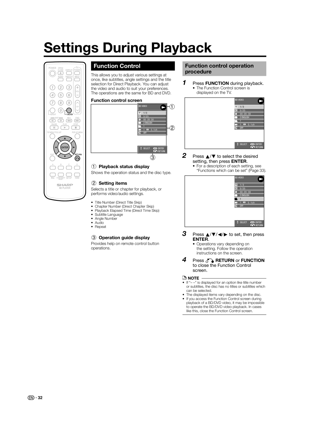 Sharp BD-HP21U operation manual Settings During Playback, Function Control, Function control operation procedure 