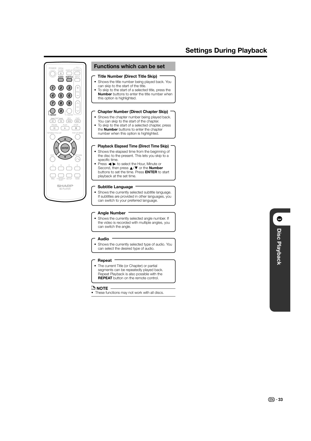 Sharp BD-HP21U operation manual Settings During Playback, Functions which can be set 