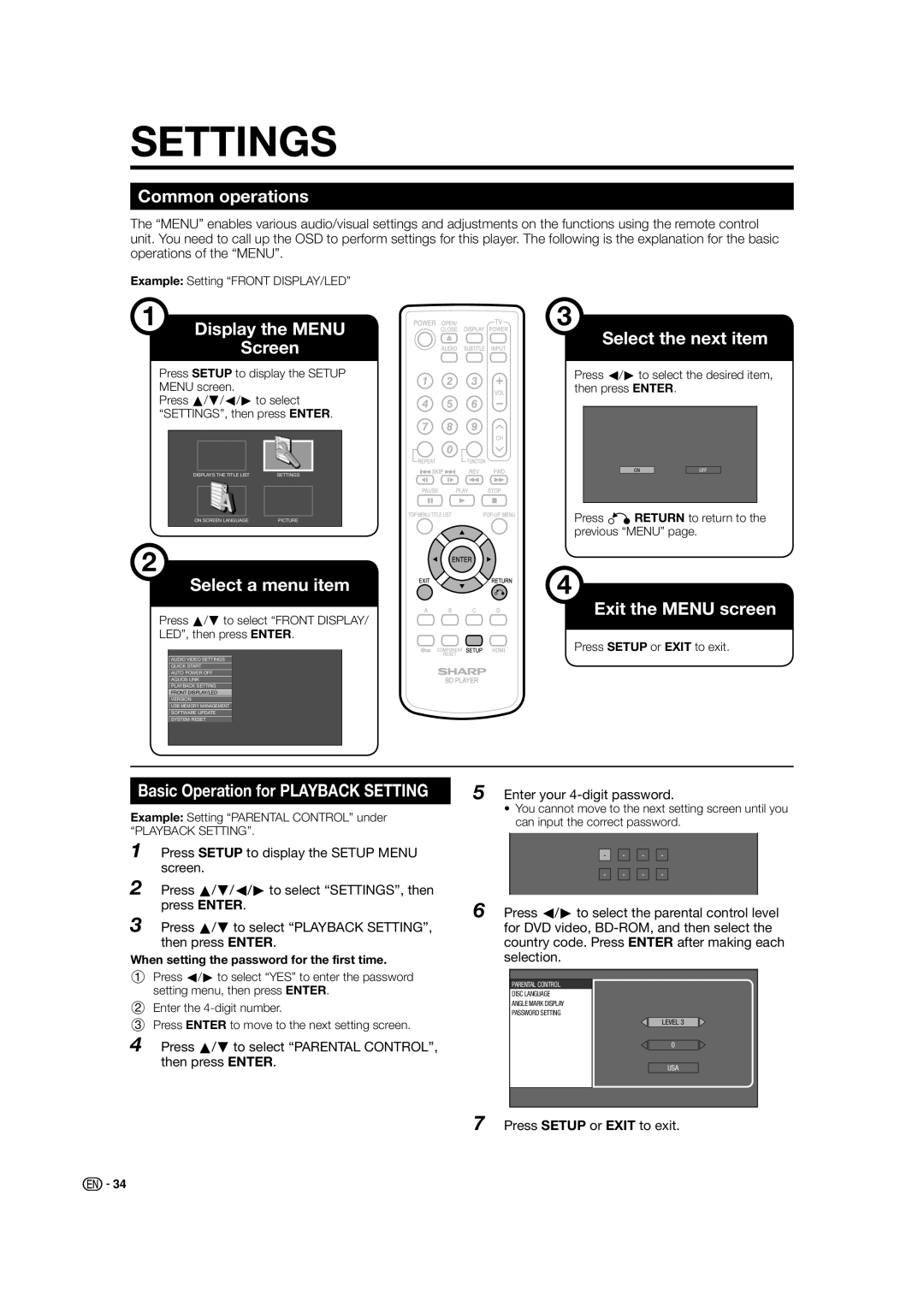 Sharp BD-HP21U Common operations, Display the Menu Select the next item Screen, Select a menu item, Exit the Menu screen 