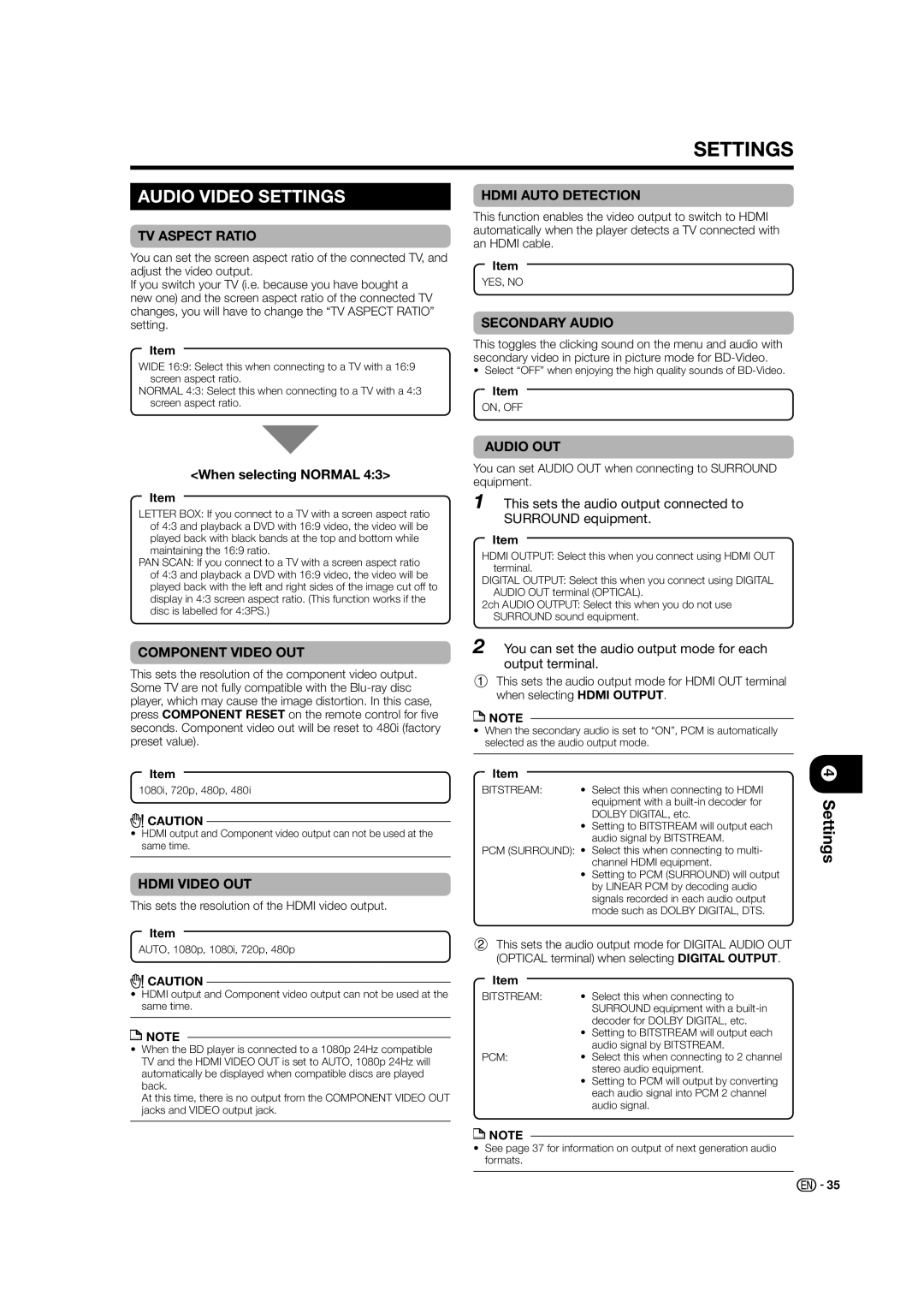 Sharp BD-HP21U operation manual Settings, When selecting Normal, This sets the audio output connected to Surround equipment 