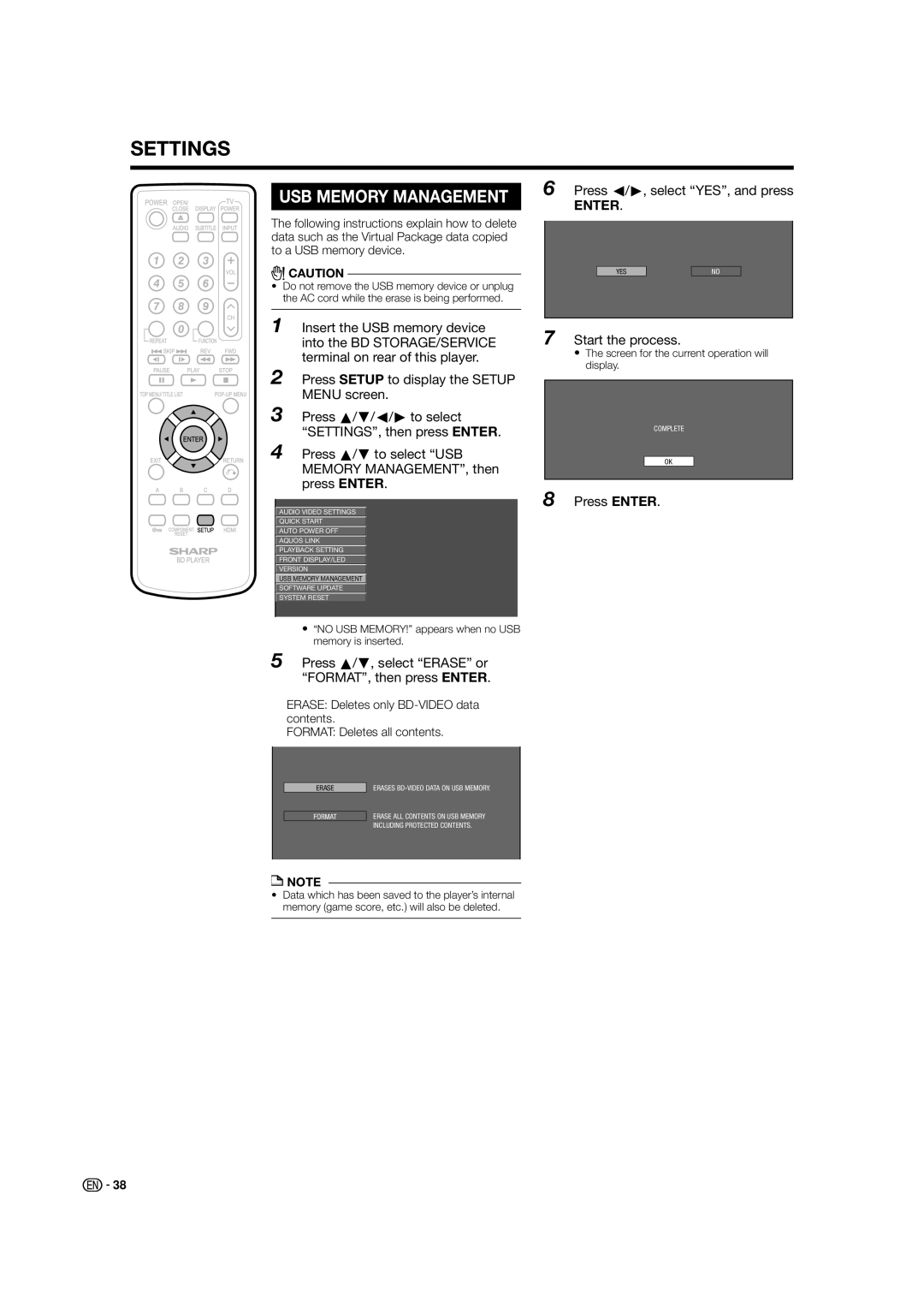 Sharp BD-HP21U Press a/b to select USB Memory MANAGEMENT, then press Enter, Press c/d, select YES, and press 