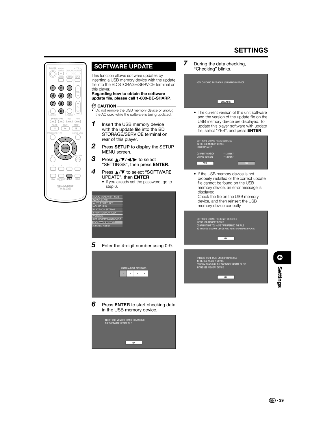 Sharp BD-HP21U operation manual Press a/b to select Software UPDATE, then Enter, Enter the 4-digit number using 