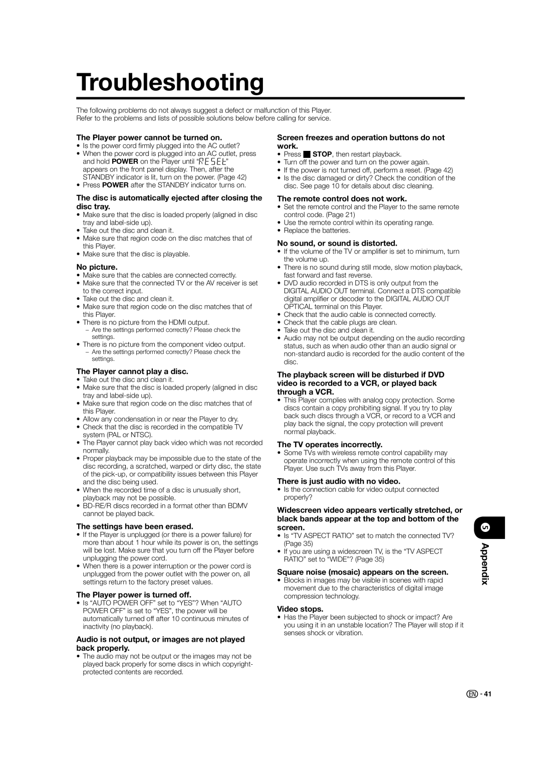 Sharp BD-HP21U operation manual Troubleshooting, Appendix 